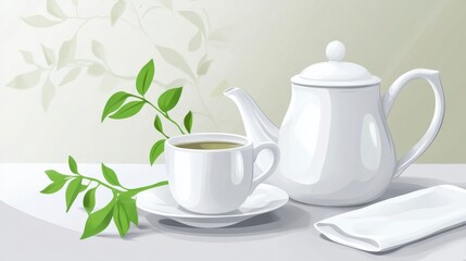 Fototapeta premium Serene Tea Time Scene: White Teapot and Cup with Green Leaves