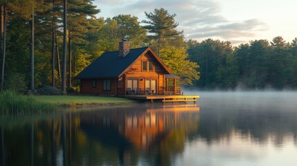 Obraz premium Peaceful lakeside cabin at sunrise reflecting in calm water surrounded by lush greenery and towering trees