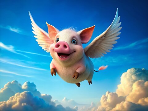 Humorous Flying Pig Scene: Impossible Dream Concept Stock Photo