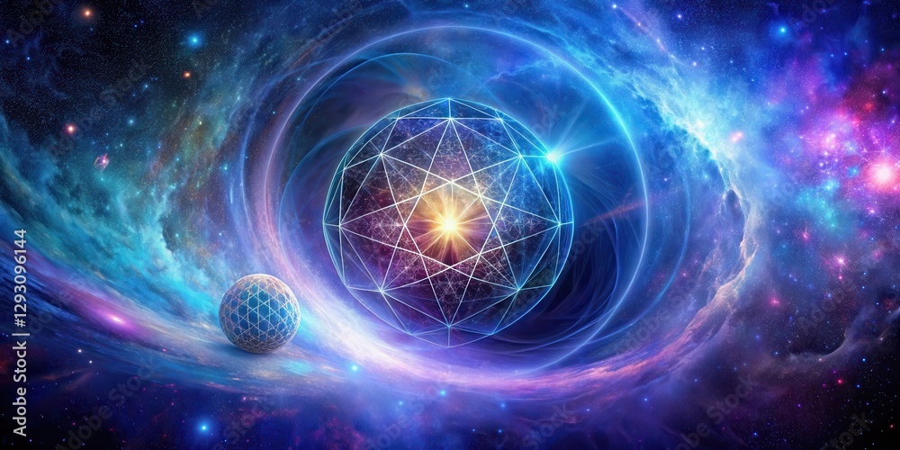 Wall mural vortex of light and color emanating from a sphere surrounded by swirling galaxies in shades of blue 