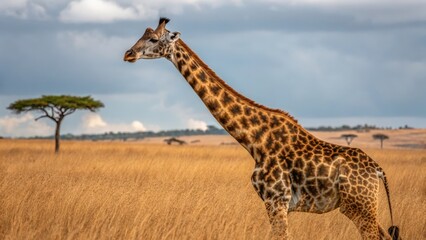 Obraz premium a majestic giraffe stands tall in the African savanna, its long neck and patterned coat prominent against the backdrop of grasslands and scattered trees