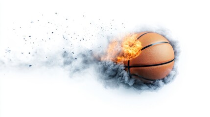 Exploding Basketball with Smoke and Flames on a White Background