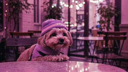 A cozy cafe scene featuring a stylish dog wearing a hat, creating a warm and friendly atmosphere with soft lighting.