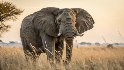 Fototapeta premium a majestic elephant stands tall in the savanna during sunset. The elephant's large ears and tusks are prominently displayed as it faces the camera, surrounded by tall grasses