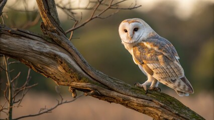 a barn owl perched on a branch, looking directly at the camera. The owl's striking white and brown plumage, with piercing eyes