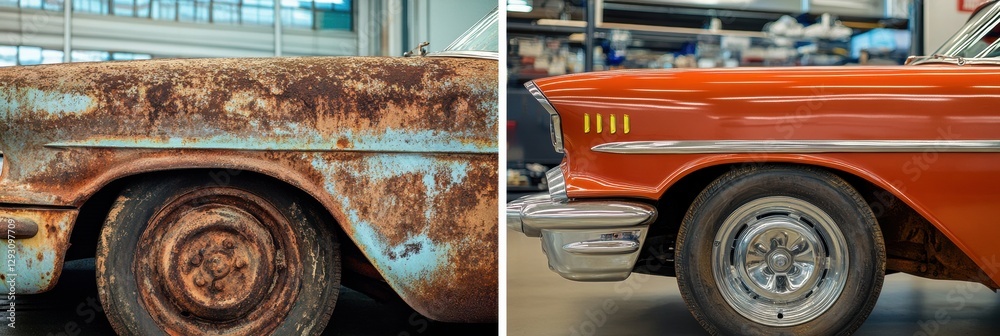 Poster Classic car transformation showing rusty condition before and polished finish after restoration in automotive workshop. Generative AI