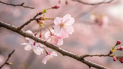 Blossom Beauty: Close-up shot of delicate cherry blossom, showcasing the soft pink petals and intricate details, branches are illuminated by sunlight, evoking feelings of spring and natural beauty.