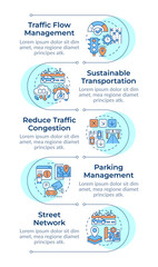 Benefits of traffic management infographic vertical sequence. Transport flow regulation system. Visualization infochart with 5 steps. Circles workflow. Montserrat SemiBold, Lato Regular fonts used © bsd studio