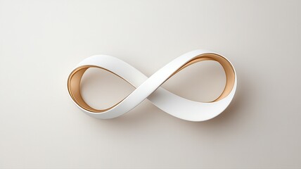 Minimalistic infinity symbol design concept in white and wood tones on a soft grey background.