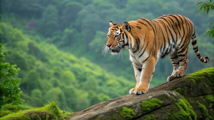 a majestic tiger walks confidently on a rock with a lush green forest in the background. The tiger's orange and black stripes are strikingly beautiful 
