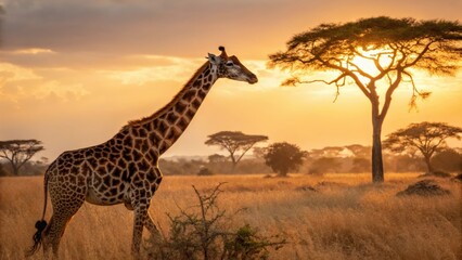 Obraz premium a majestic giraffe walking across the african savannah at sunset, with trees silhouette. The giraffe's spots and long neck stand out against the warm sky