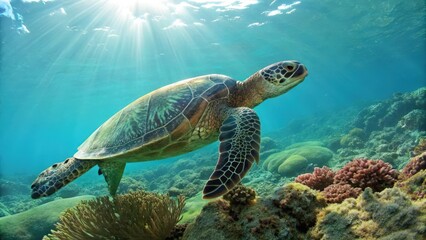 Fototapeta premium a sea turtle gracefully swims through the clear blue ocean, surrounded by vibrant coral reefs and rays of sunlight