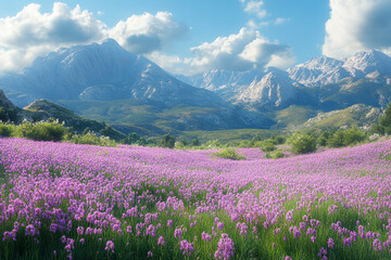 Obraz premium Lavender Meadow Majesty, Mountain Vista with Violet Floral Splendor