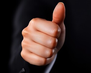 A close-up of a hand giving a thumbs-up gesture representing approval and success.