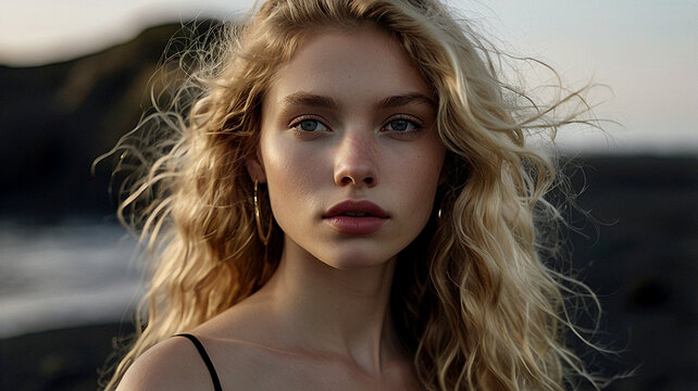 Portrait of a beautiful woman on a beach with black sand against the background of the sea. Romantic, calm and sensual photo of a girl in a delicate black dress.