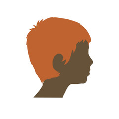 Young boy side view silhouette style portrait with brown hair, easy to recolor. 5-10 years old child profile picture.