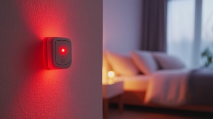 Carbon monoxide monitor in a cozy bedroom with a serene atmosphere. Featuring protection and safety