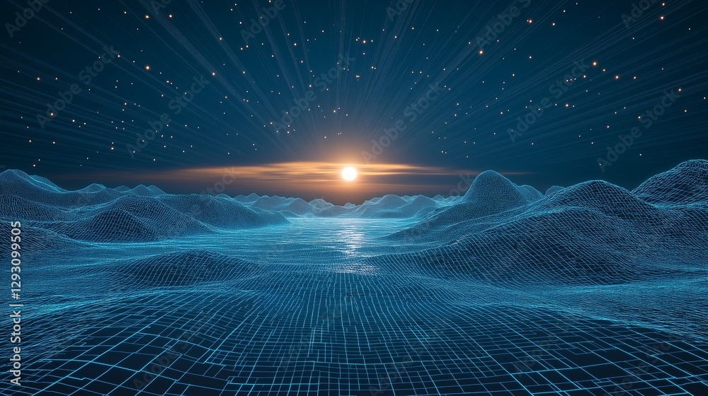 Poster a futuristic wireframe landscape extending into infinity