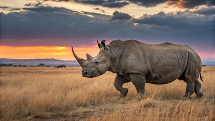 Fototapeta premium a majestic rhino walking across an open savanna, silhouetted against a vibrant sunset. The rhino's horn and thick skin are visible as it strides through the golden grass
