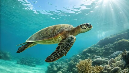 a sea turtle gracefully swimming underwater with sunbeams shining through the water