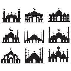 Eid Mubarak night mosque silhouette Arabian city black silhouette, isolated black silhouette of a mosques collection, black silhouette mosque vector illustration Highly Detailed Mosques