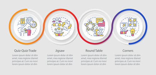 Essential cooperative learning strategies infographics circles sequence. Grouping, studying. Visualization layout with 4 steps. Info chart loop process presentation. Myriad Pro-Regular font used