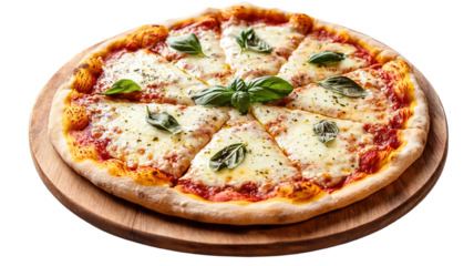 A delicious pizza with a crispy thin crust, topped with melted mozzarella cheese, fresh basil, and a drizzle of olive oil, isolated on a transparent background.