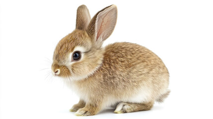 Fototapeta premium Cute fluffy baby rabbit with soft golden fur sitting on a white background, perfect for Easter, spring, pet lovers, and animal-themed designs