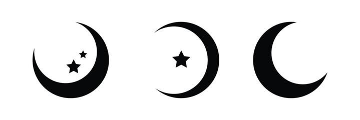 Crescent moon icon collection features varied crescent designs with stars, decorative patterns in black. Perfect moon vector set for celestial themes, spiritual designs, or astronomical projects .