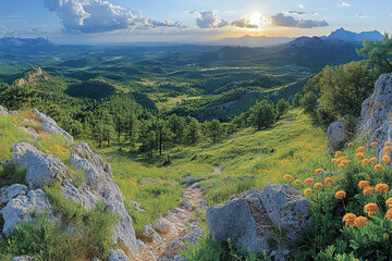Naklejka premium Sunlit Vista, Mountain Meadow Path at Dusk Overlooking Lush Valley