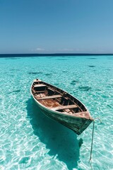 Obraz premium Wooden Boat Anchored in Shallow, Tropical Turquoise Waters