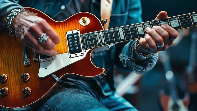 Electric Guitar Melody: An up-close shot captures the focused hands of a musician playing an electric guitar, evoking the energy of rock and roll.