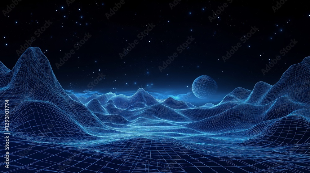 Poster a futuristic wireframe landscape extending into infinity