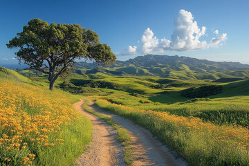 Naklejka premium Sun-Kissed Meadow Trail, A Verdant Landscape of Rolling Hills