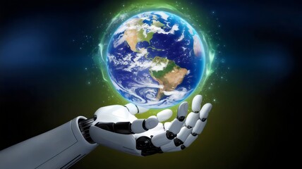 Fototapeta premium Human and robotic hands holding glowing Earth – Ideal for AI collaboration, environmental technology, or sustainability themes.