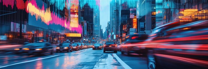 Urban rush hour with abstract sound waves visualized above busy street in vibrant colors. Generative AI