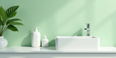 Fototapeta premium Serene Bathroom Sanctuary Minimalist White Vessel Sink, Sleek Faucet, and Lush Greenery
