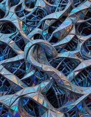 Abstract Interwoven Glass Structures with Iridescent Reflections and Depth