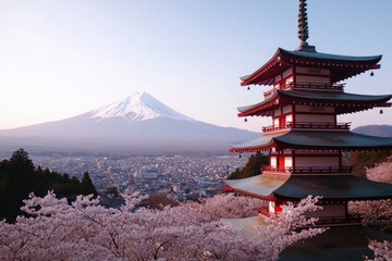 Pagoda, Cherry Blossoms, and Mount Fuji at Dawn