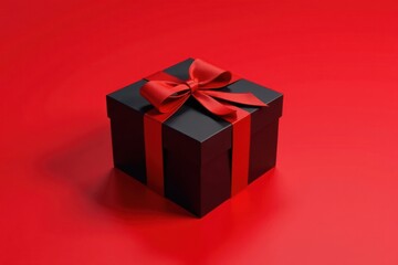 Obraz premium A luxuriously wrapped, dark-colored gift box with a vibrant red ribbon and bow sits elegantly on a rich red background.