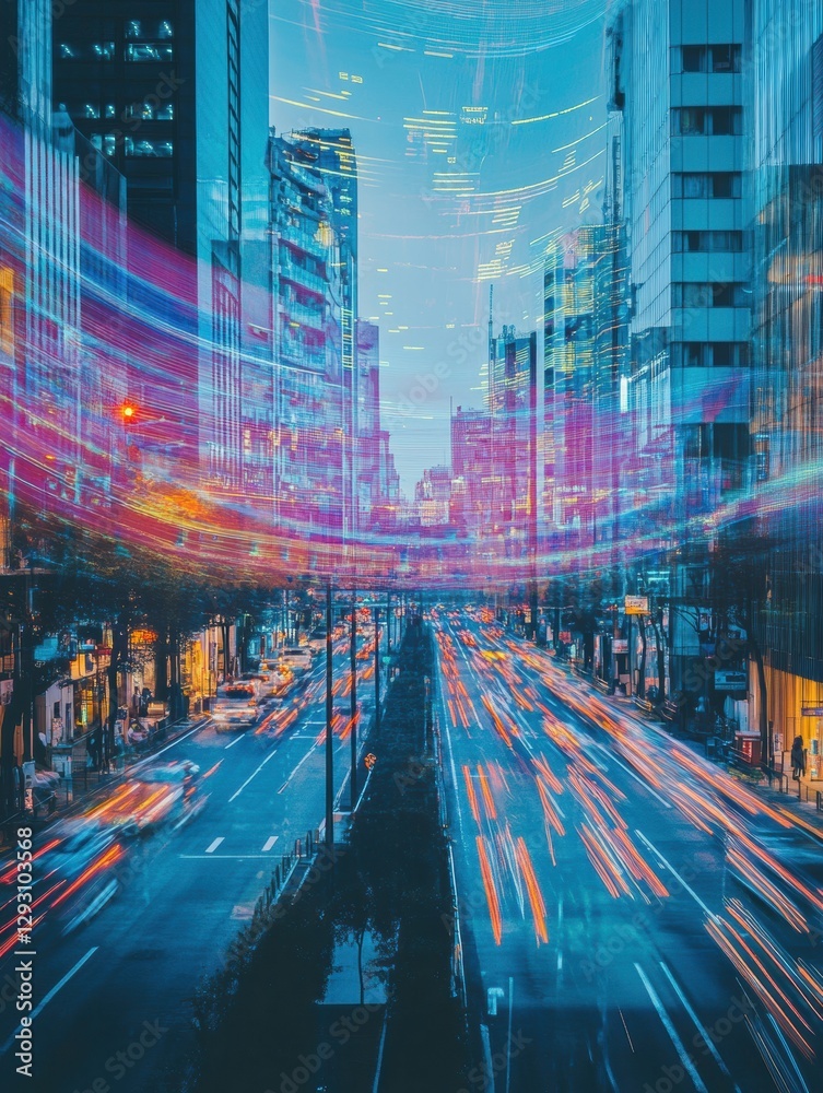 Aufkleber vibrant urban road with abstract sound waves visualized above in a bustling cityscape at twilight. g