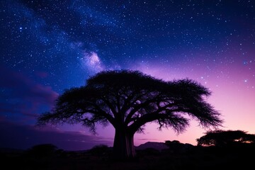 Baobab Tree Silhouetted Against Starry Night Sky in Africa