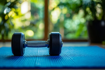 A pair of dumbbells sitting on top of a blue mat