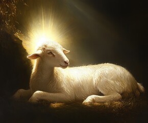 Sacred Lamb: A serene lamb bathed in divine light, resting peacefully against a backdrop of earthy tones, embodying innocence and tranquility