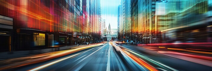 Busy urban road with abstract sound wave visualization during daytime commute hours. Generative AI