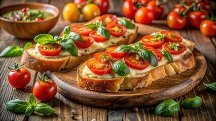 Delicious Homemade Bruschetta with Ripe Tomatoes and Melted Cheese