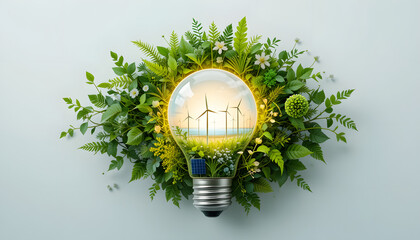 A glowing light bulb with nature, solar panels, and wind turbines inside, representing clean and renewable energy on a white background.