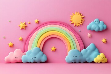Colorful rainbow and playful clouds against a pink backdrop create a cheerful and whimsical atmosphere in this vibrant setting