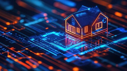 A unique visualization of a house sitting on a circuit board representing the connection between home and technology