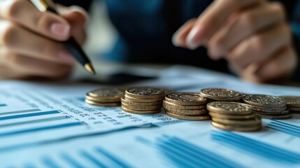 Person writing on a piece of paper surrounded by coins on a table symbolizing finance and money management concepts